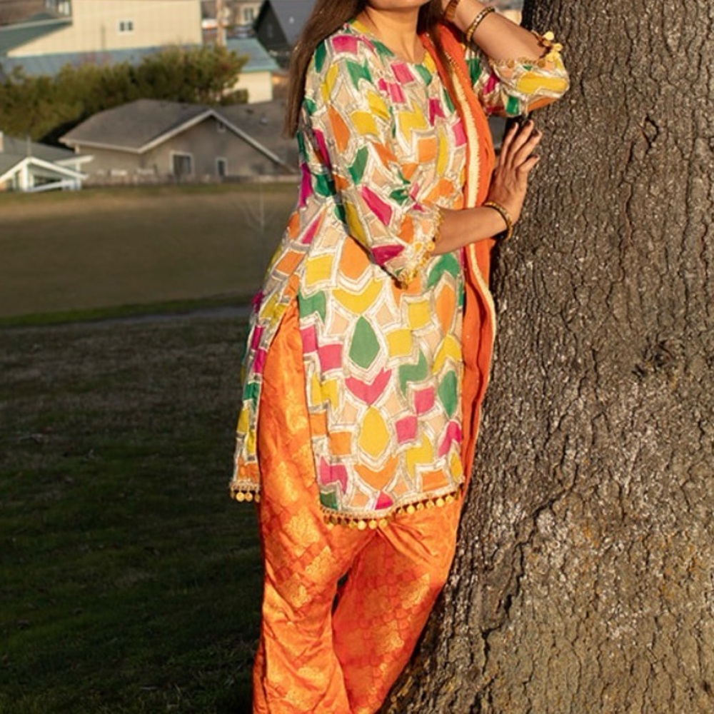 Colorful Patterned Kurta with Orange Pants